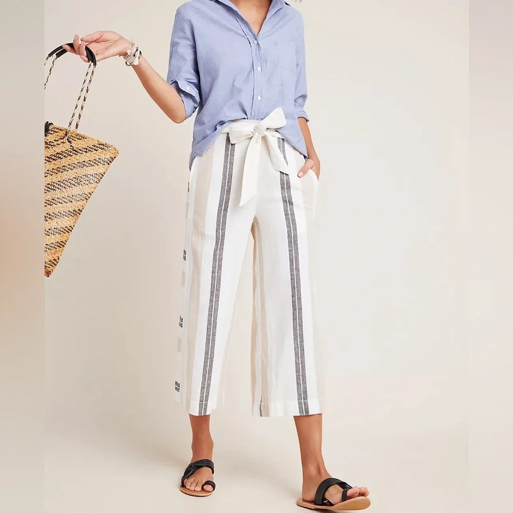 ANTHROPOLOGIE shorebound cropped linen wide leg pants - Picture 2 of 8